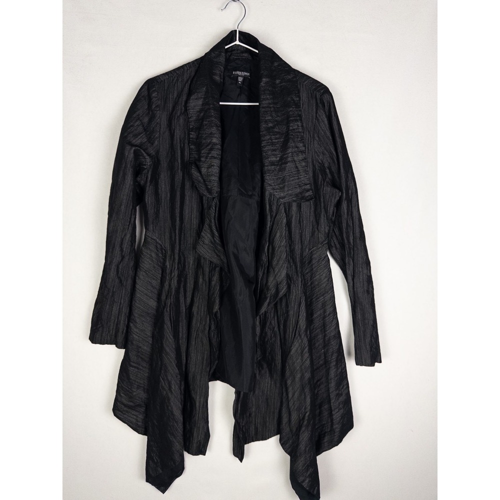 Eileen Fisher Cardigan Womens PL Black Ribbed Fringe Open Front Luxury Long